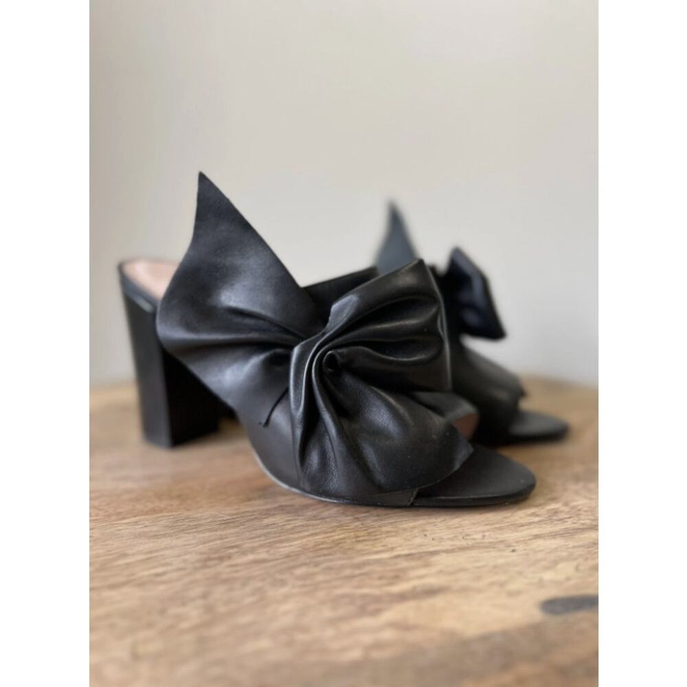 Avec Les Filles Marie Black Leather Bow Mule Sandals Block Heel 8